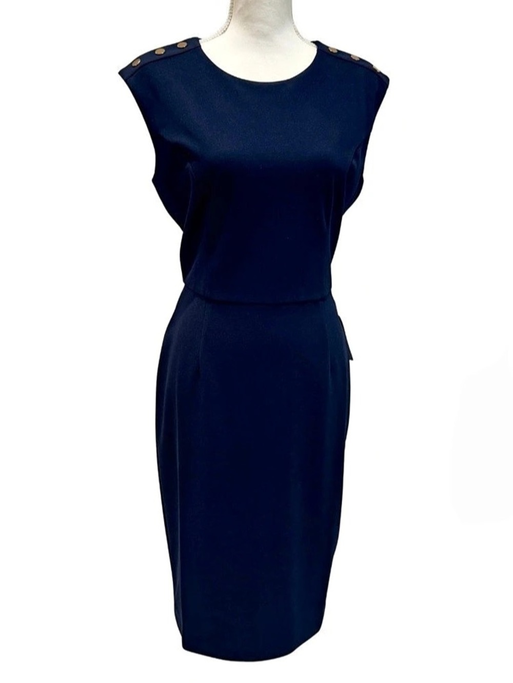 London Times Sheath Midi Dress with Gold-Tone Buttons in Blue - Size 8 - NWT